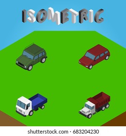 Isometric Transport Set Of Armored, Freight, Car And Other Vector Objects. Also Includes Drive, Car, Lorry Elements.