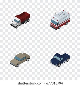 Isometric Transport Set Of Auto, Freight, First-Aid And Other Vector Objects. Also Includes Car, Aid, Pickup Elements.