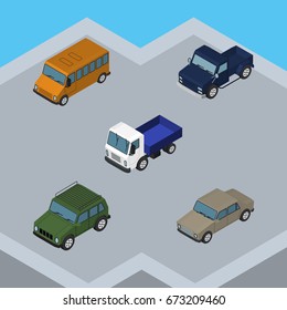 Isometric Transport Set Of Auto, Lorry, Autobus And Other Vector Objects. Also Includes Suv, Pickup, Truck Elements.