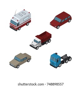 Isometric Transport Set Of Car, Auto, First-Aid And Other Vector Objects. Also Includes Auto, Motor, Drive Elements.