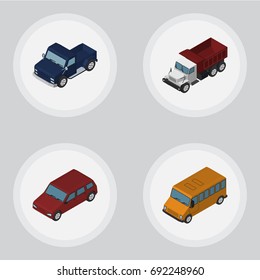 Isometric Transport Set Of Car, Autobus, Suv And Other Vector Objects. Also Includes Bus, Suv, Sedan Elements.