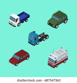 Isometric Transport Set Of Car, Lorry, Truck And Other Vector Objects. Also Includes Armored, Suv, Aid Elements.