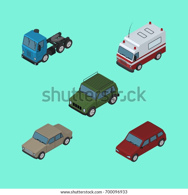 Isometric\
Transport Set Of First-Aid, Car, Truck And Other Vector Objects.\
Also Includes Lorry, Ambulance, Motor\
Elements.