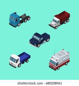 Isometric Transport Set Of First-Aid, Lorry, Truck And Other Vector Objects. Also Includes Motor, Freight, Ambulance Elements.