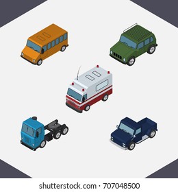 Isometric Transport Set Of First-Aid, Suv, Autobus And Other Vector Objects. Also Includes Lorry, Motor, Truck Elements.