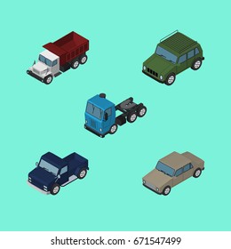 Isometric Transport Set Of Freight, Armored, Suv And Other Vector Objects. Also Includes Suv, Truck, Armored Elements.