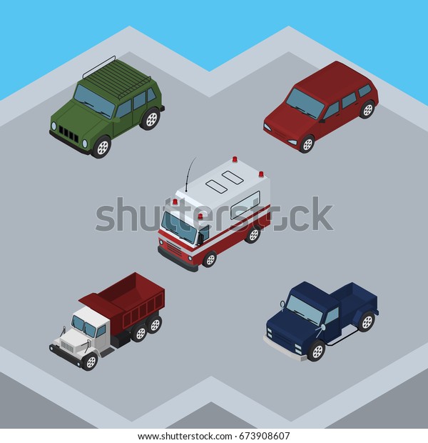 Isometric\
Transport Set Of Freight, First-Aid, Suv And Other Vector Objects.\
Also Includes Armored, Freight, Truck\
Elements.