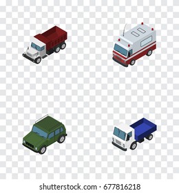 Isometric Transport Set Of Freight, Lorry, First-Aid And Other Vector Objects. Also Includes Freight, Suv, Armored Elements.