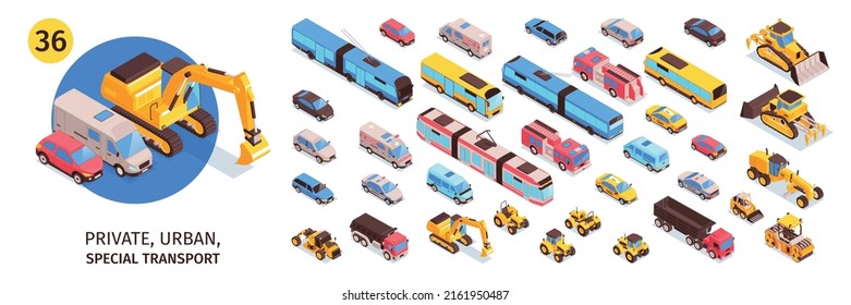 Isometric transport set with isolated icons of cars vans trucks and buses with trams abd bulldozers vector illustration