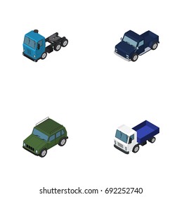Isometric Transport Set Of Lorry, Suv, Armored And Other Vector Objects. Also Includes Suv, Armored, Transport Elements.