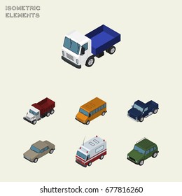Isometric Transport Set Of Suv, Auto, First-Aid And Other Vector Objects. Also Includes Car, Suv, Freight Elements.
