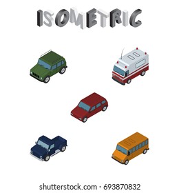 Isometric Transport Set Of Suv, First-Aid, Armored And Other Vector Objects. Also Includes Drive, Bus, Armored Elements.