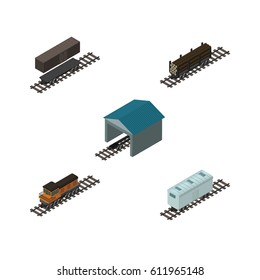 Isometric Transport Set Of Train, Depot, Delivery Tank And Other Vector Objects. Also Includes Locomotive, Metal, Train Elements.