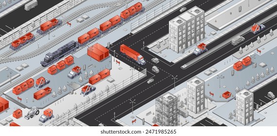 Isometric transport system in city. Vector illustration of train on railroad, truck, car, bus, tractor on urban roads, modern high-rise buildings, freight delivery logistic for goods export and import