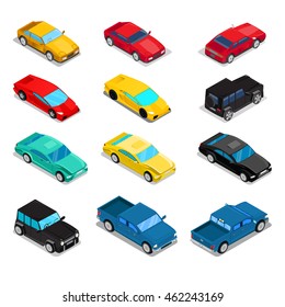 Isometric Transportation Car Set - Pick-Up, Offroad, Sportcar, Luxury. Vector illustration