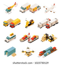 Isometric transportation elements set with cars helicopter trucks airplane scooter ships forklifts container drone train isolated vector illustration