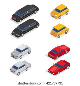 Isometric Transportation. Limousine Car, Sportcar. Vector flat 3d illustration