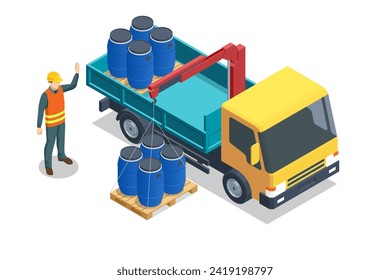 Isometric transportation and unloading of barrels concept. Loading and unloading from warehouse. Warehouse Management, logistic process. Delivery truck