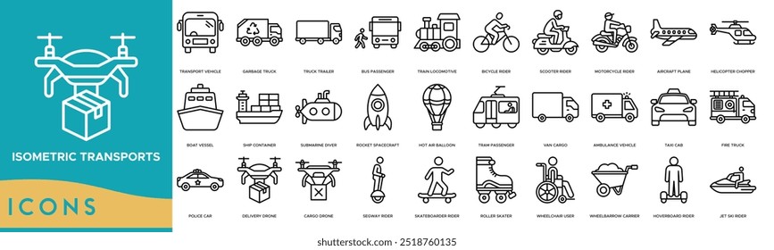 Ícone Transportes Isométricos. Veículo de transporte, caminhão de lixo, reboque de caminhão, passageiros de ônibus e locomotiva de trem