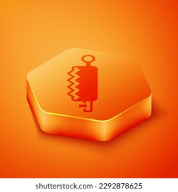 Isometric Trap hunting icon isolated on orange background. Orange hexagon button. Vector