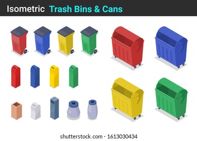 Isometric Trash Bin and Can flat vector collection.