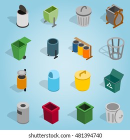 Isometric Trash Bin Icons Set Vector Illustration