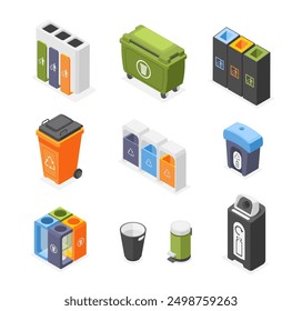 Isometric trash bins. Waste sorting and recycling, garbage plastic and metal cans and baskets for mall home office space. Isolated flawless vector elements