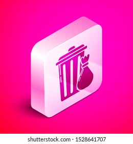 Isometric Trash can and garbage bag icon isolated on pink background. Garbage bin sign. Recycle basket icon. Office trash icon. Silver square button. Vector Illustration