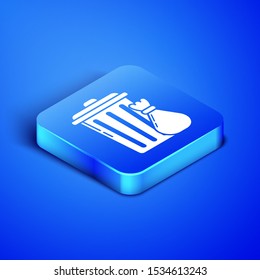 Isometric Trash can and garbage bag icon isolated on blue background. Garbage bin sign. Recycle basket icon. Office trash icon. Blue square button. Vector Illustration