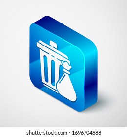 Isometric Trash can and garbage bag icon isolated on grey background. Garbage bin sign. Recycle basket icon. Office trash icon. Blue square button. Vector Illustration