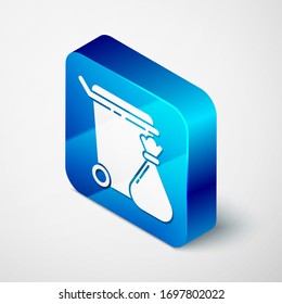 Isometric Trash can and garbage bag icon isolated on grey background. Garbage bin sign. Recycle basket icon. Office trash icon. Blue square button. Vector Illustration