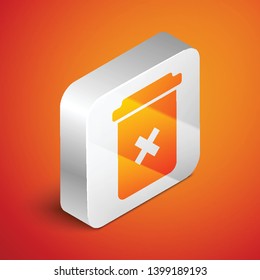 Isometric Trash can icon isolated on orange background. Delete icon. Garbage bin sign. Recycle basket icon. Office trash icon. Silver square button. Vector Illustration