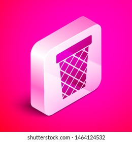 Isometric Trash can icon isolated on pink background. Garbage bin sign. Recycle basket icon. Office trash icon. Silver square button. Vector Illustration