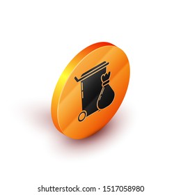 Isometric Trash can icon isolated on white background. Garbage bin sign. Recycle basket icon. Office trash icon. Orange circle button. Vector Illustration