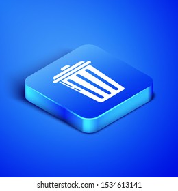 Isometric Trash can icon isolated on blue background. Garbage bin sign. Recycle basket icon. Office trash icon. Blue square button. Vector Illustration