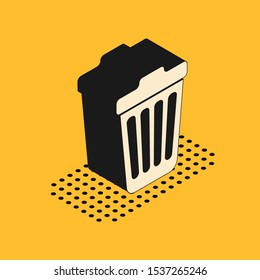 Isometric Trash can icon isolated on yellow background. Garbage bin sign.  Vector Illustration