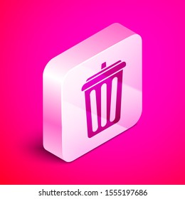 Isometric Trash can icon isolated on pink background. Garbage bin sign. Recycle basket icon. Office trash icon. Silver square button. Vector Illustration