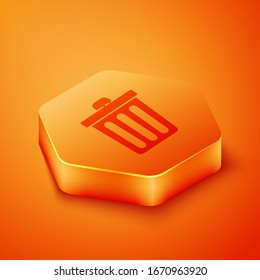 Isometric Trash can icon isolated on orange background. Garbage bin sign. Recycle basket icon. Office trash icon. Orange hexagon button. Vector Illustration