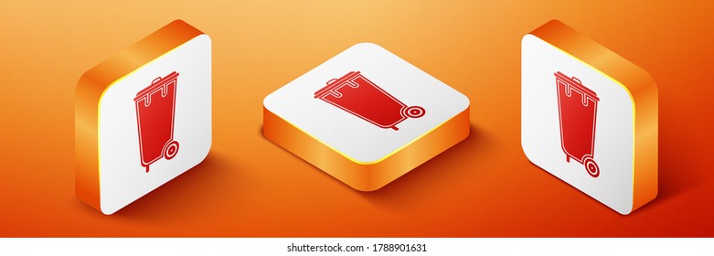Isometrischer Müll kann eine Ikone einzeln auf orangefarbenem Hintergrund sein. Mülleimer-Schild. Korbsymbol wiederverwenden. Büroschrottsymbol. Orangefarbene Quadrat-Taste. Vektorgrafik.