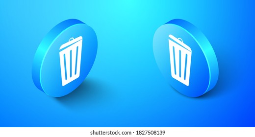 La Basura isométrica puede aislarse en el fondo azul. Signo de basurero. Icono de la canasta de reciclaje. Icono de papelera. Botón de círculo azul. Vector.