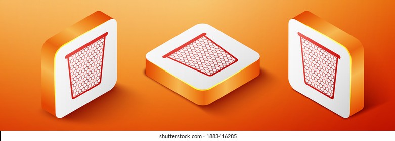 Isometrischer Müll kann eine Ikone einzeln auf orangefarbenem Hintergrund sein. Mülleimer-Schild. Korbsymbol wiederverwenden. Büroschrottsymbol. Orangefarbene Quadrat-Taste. Vektorgrafik.