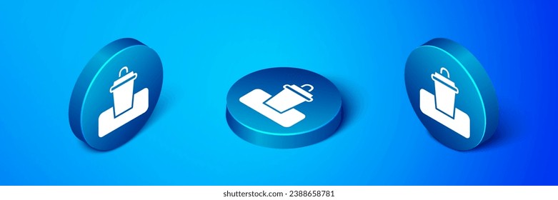 Isometric Trash can icon isolated on blue background. Garbage bin sign. Recycle basket icon. Office trash icon. Blue circle button. Vector