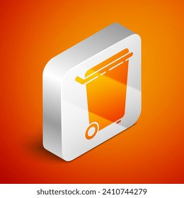 Isometric Trash can icon isolated on orange background. Garbage bin sign. Recycle basket icon. Office trash icon. Silver square button. Vector Illustration