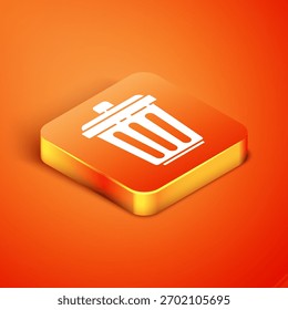 Isometric Trash can icon isolated on orange background. Garbage bin sign. Recycle basket icon. Office trash icon.  Vector Illustration