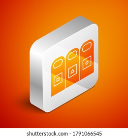 Isometric Trash in garbage cans with sorted garbage icon isolated on orange background. Recycle basket icon. Silver square button. Vector Illustration
