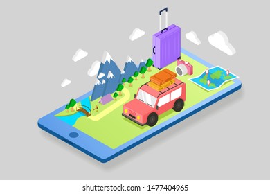 Isometric Travel Adventure. With maps and camera. Vector