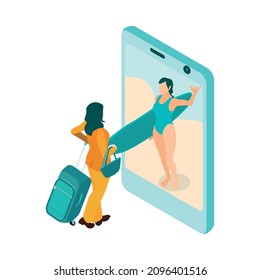 Isometric travel booking transport hotel composition with tourist woman meeting beach surfer in smartphone screen vector illustration