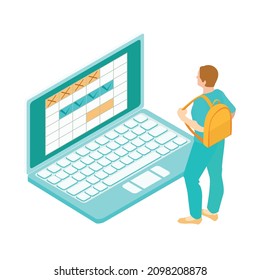 Isometric travel booking transport hotel composition with user laptop and calendar booking app with marks vector illustration