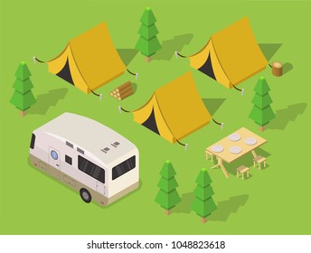 Isometric travel camping and hiking illustration vector 