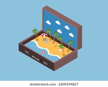 Isometric Travel Concept - Miniature Beach Scene Inside Suitcase 3d flat vector illustrations
